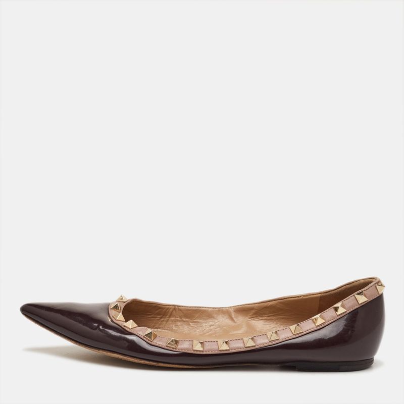 Valentino Rockstud Size 39 Dark Burgundy/Beige Patent Leather Pointed Toe